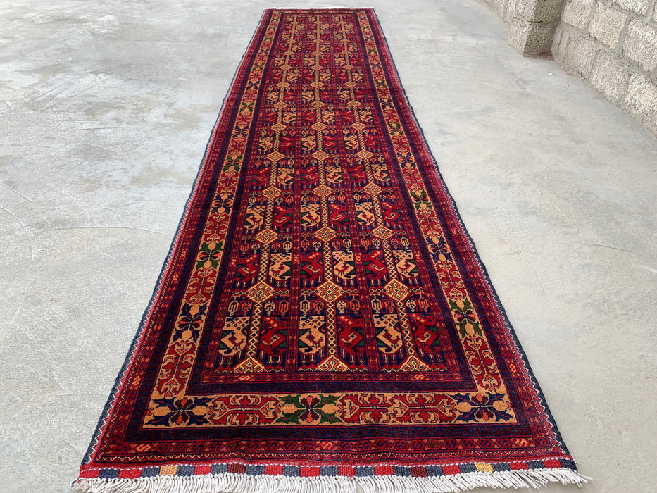 12'7 x 2'9 handgeknoopt Peshawari Chobi wollen loper tapijt - Rood tribaal geometrisch haltapijt - KBHM-643