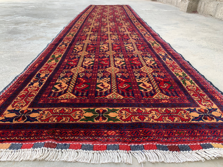 12'7 x 2'9 handgeknoopt Peshawari Chobi wollen loper tapijt - Rood tribaal geometrisch haltapijt - KBHM-643