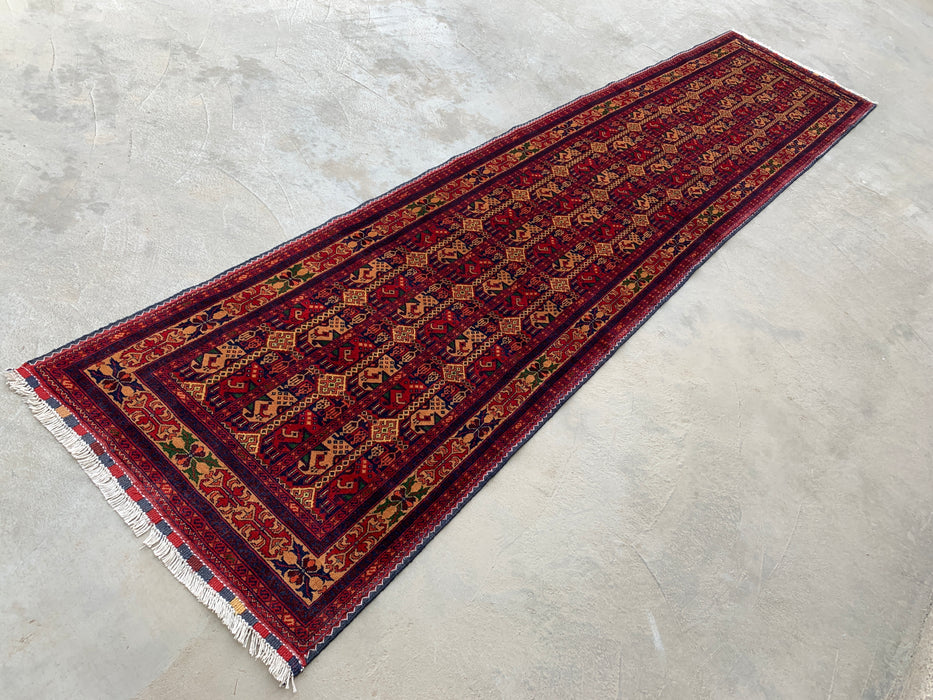 12'7 x 2'9 handgeknoopt Peshawari Chobi wollen loper tapijt - Rood tribaal geometrisch haltapijt - KBHM-643