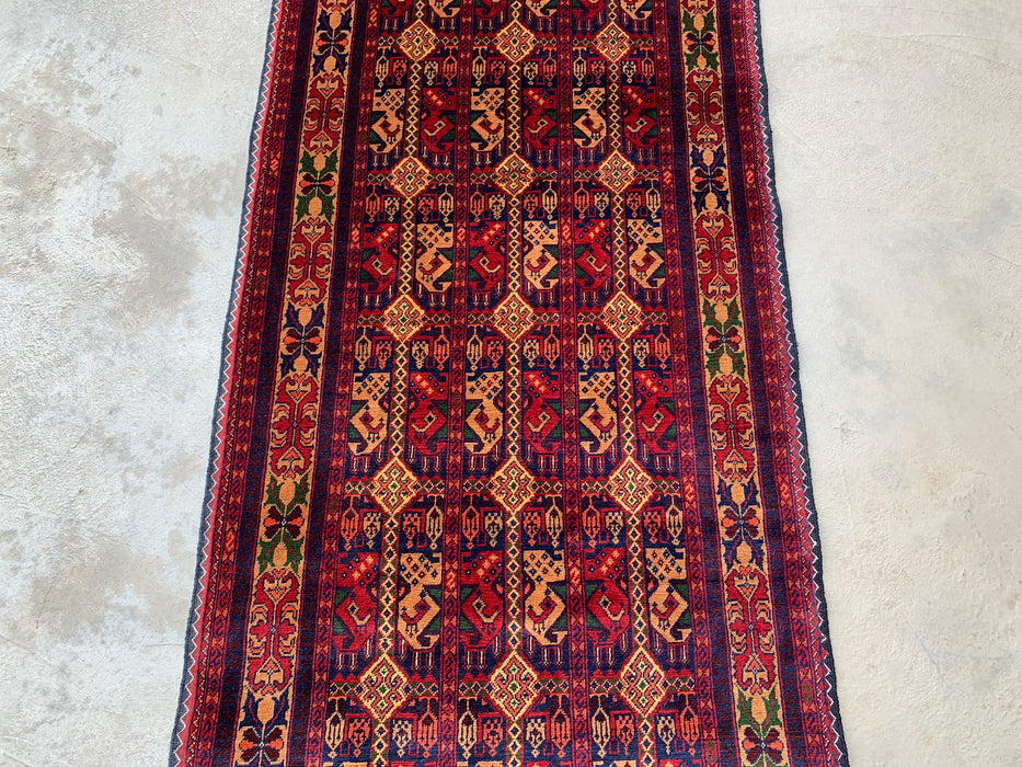 12'7 x 2'9 handgeknoopt Peshawari Chobi wollen loper tapijt - Rood tribaal geometrisch haltapijt - KBHM-643