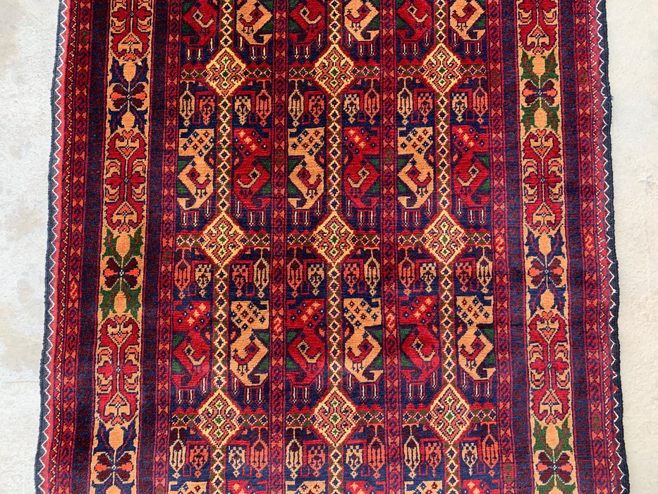 12'7 x 2'9 handgeknoopt Peshawari Chobi wollen loper tapijt - Rood tribaal geometrisch haltapijt - KBHM-643