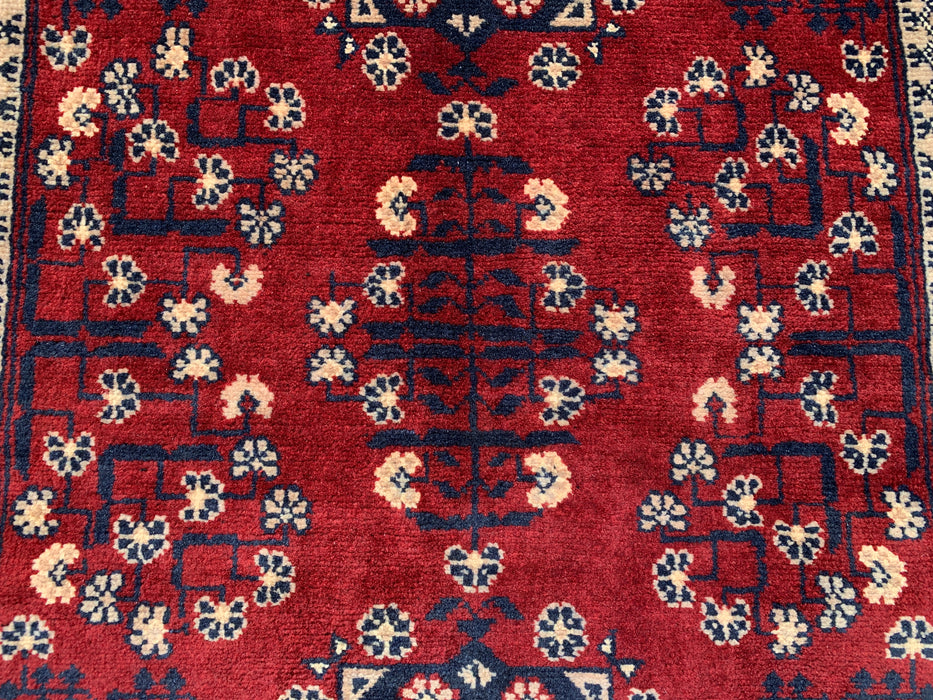 218 x 79 cm handgeknoopt Peshawari Chobi wollen loper - Rood tribaal geometrisch gangkleed - KBHM-644