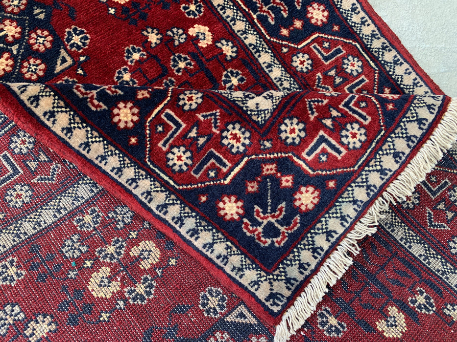 218 x 79 cm handgeknoopt Peshawari Chobi wollen loper - Rood tribaal geometrisch gangkleed - KBHM-644
