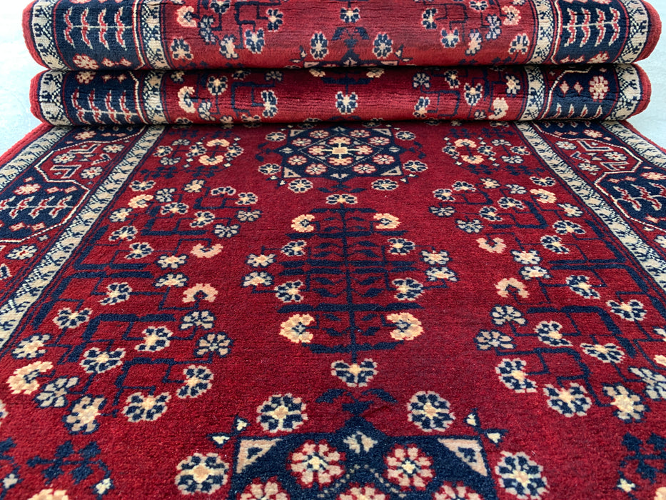 218 x 79 cm handgeknoopt Peshawari Chobi wollen loper - Rood tribaal geometrisch gangkleed - KBHM-644