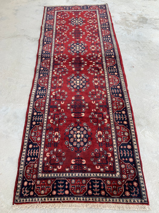 218 x 79 cm handgeknoopt Peshawari Chobi wollen loper - Rood tribaal geometrisch gangkleed - KBHM-644
