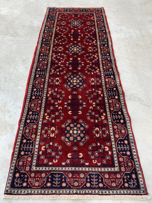 218 x 79 cm handgeknoopt Peshawari Chobi wollen loper - Rood tribaal geometrisch gangkleed - KBHM-644