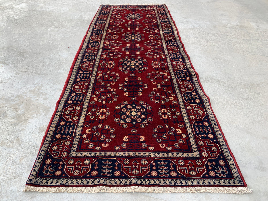 218 x 79 cm handgeknoopt Peshawari Chobi wollen loper - Rood tribaal geometrisch gangkleed - KBHM-644