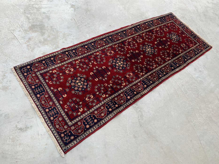 218 x 79 cm handgeknoopt Peshawari Chobi wollen loper - Rood tribaal geometrisch gangkleed - KBHM-644