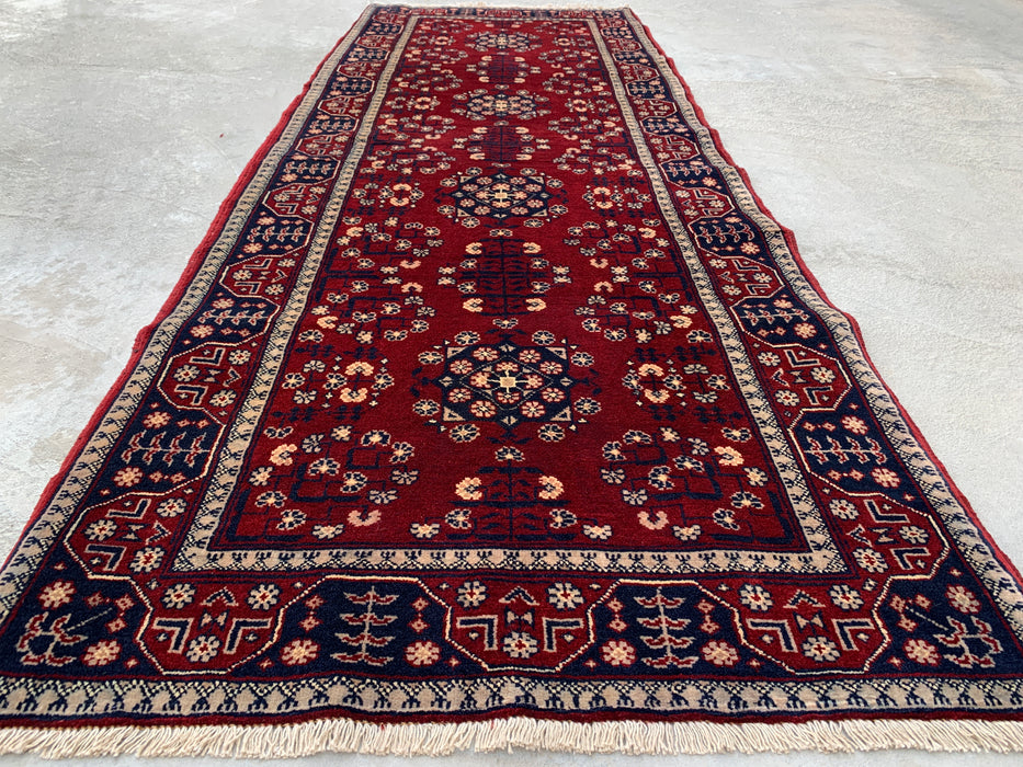 218 x 79 cm handgeknoopt Peshawari Chobi wollen loper - Rood tribaal geometrisch gangkleed - KBHM-644