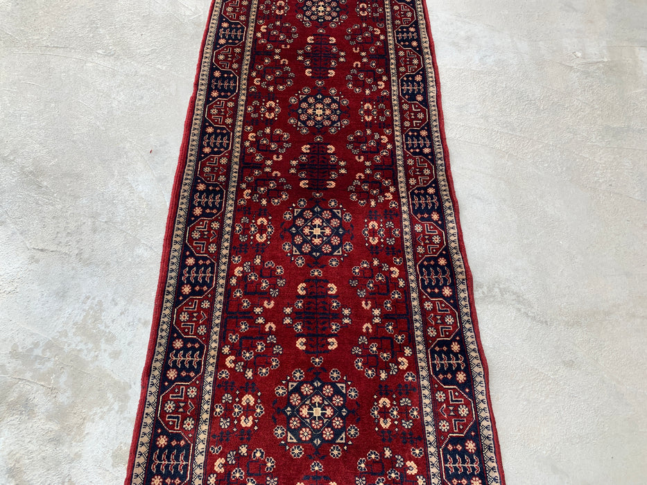 218 x 79 cm handgeknoopt Peshawari Chobi wollen loper - Rood tribaal geometrisch gangkleed - KBHM-644