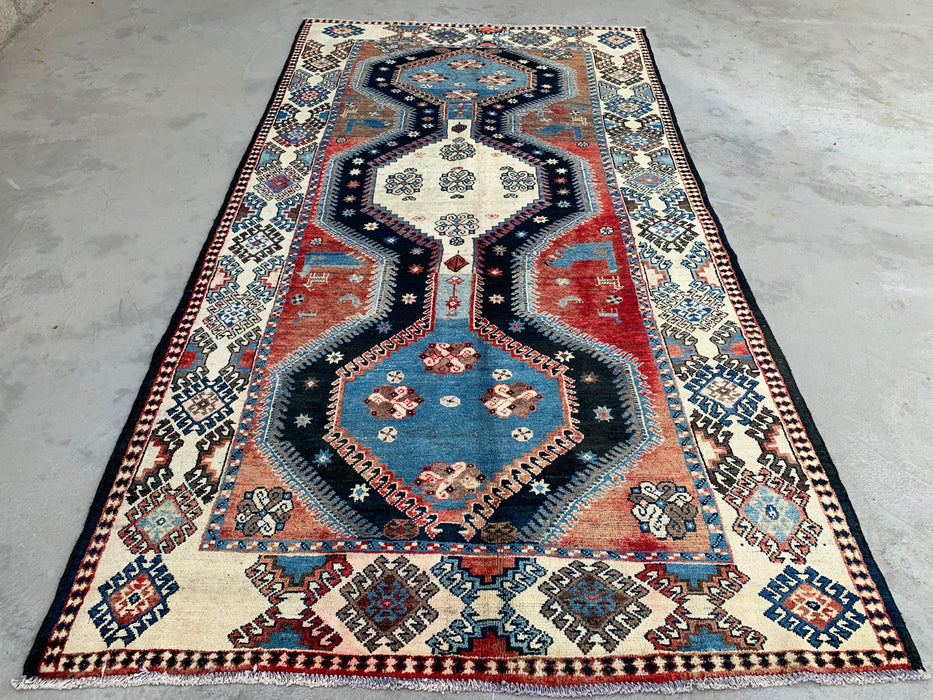 9'8 x 5'2 Handgeknoopt Perzisch wollen tapijt - Blauw tribaal geometrisch vloerkleed - KBHM-651
