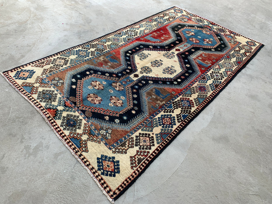 9'8 x 5'2 Handgeknoopt Perzisch wollen tapijt - Blauw tribaal geometrisch vloerkleed - KBHM-651