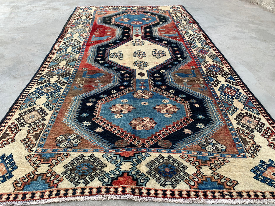 9'8 x 5'2 Handgeknoopt Perzisch wollen tapijt - Blauw tribaal geometrisch vloerkleed - KBHM-651