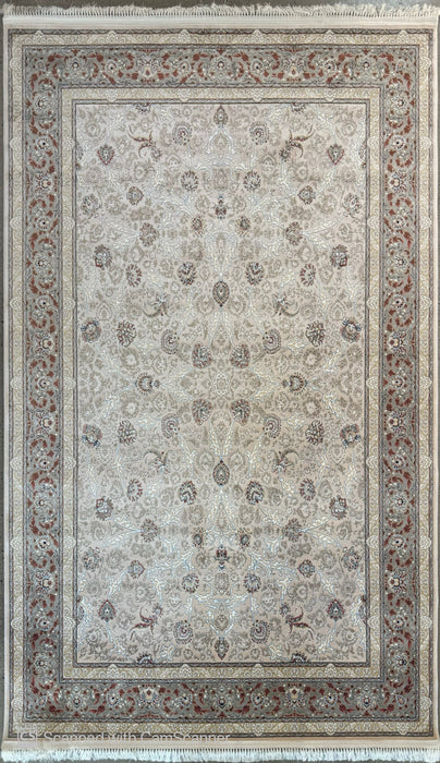 Luxe Perzisch machinaal vervaardigd tapijt – Beige / Roestkleurige bloemenrand – 215 x 305 cm