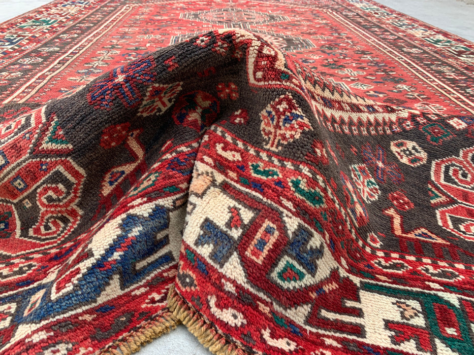 Handgemaakt Perzisch wollen vloerkleed 7x10 - Rood Perzisch tapijt met tribaal medaillon - Exacte afmeting 10'7" x 7'2" - KBHM-661