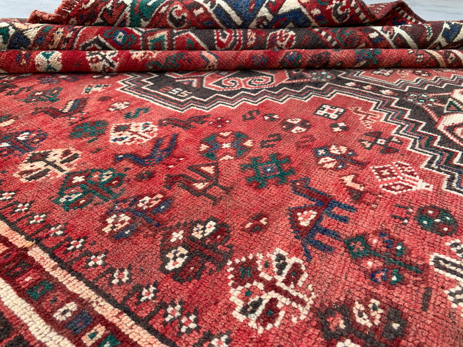 Handgemaakt Perzisch wollen vloerkleed 7x10 - Rood Perzisch tapijt met tribaal medaillon - Exacte afmeting 10'7" x 7'2" - KBHM-661