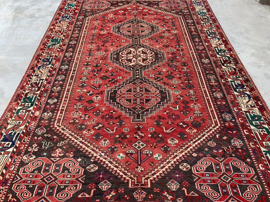 Handgemaakt Perzisch wollen vloerkleed 7x10 - Rood Perzisch tapijt met tribaal medaillon - Exacte afmeting 10'7" x 7'2" - KBHM-661