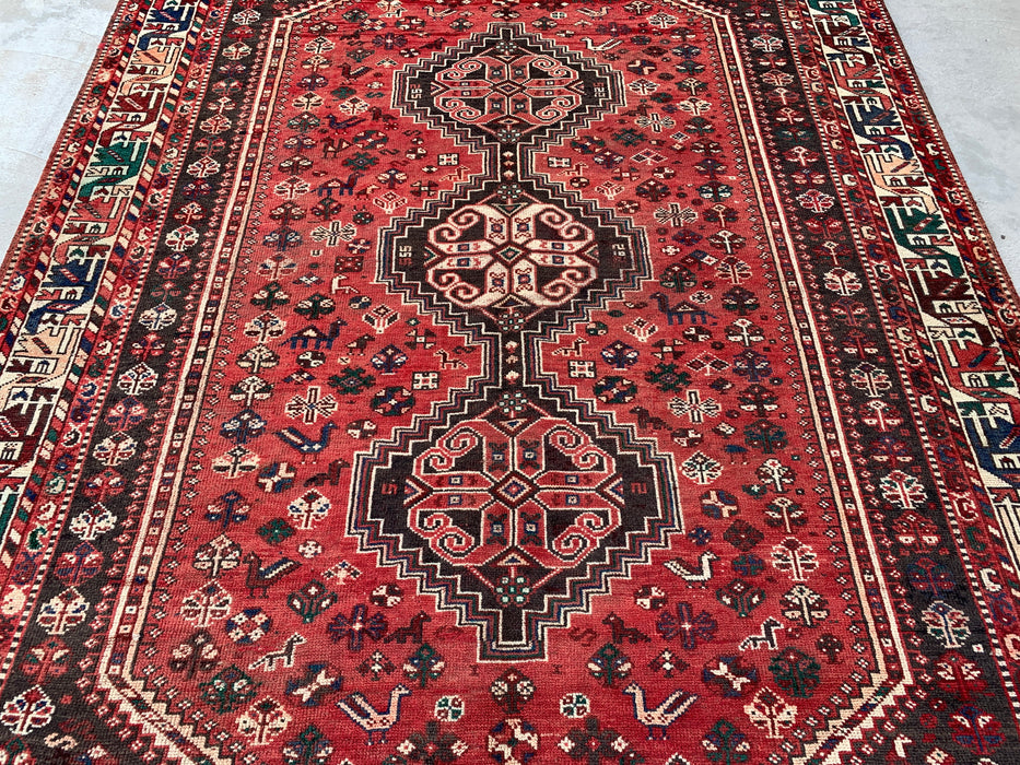 Handgemaakt Perzisch wollen vloerkleed 7x10 - Rood Perzisch tapijt met tribaal medaillon - Exacte afmeting 10'7" x 7'2" - KBHM-661