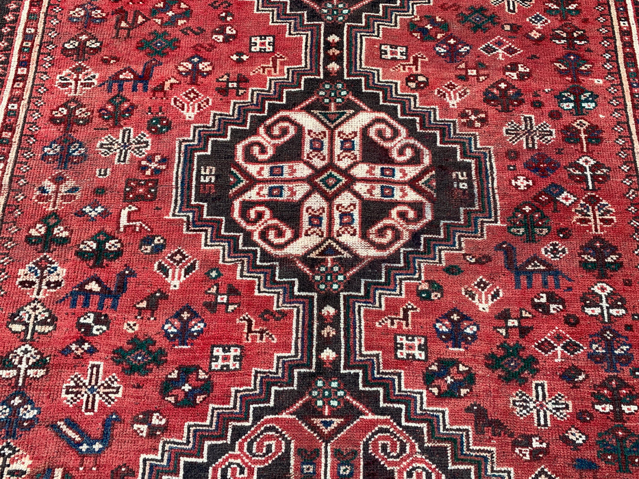 Handgemaakt Perzisch wollen vloerkleed 7x10 - Rood Perzisch tapijt met tribaal medaillon - Exacte afmeting 10'7" x 7'2" - KBHM-661