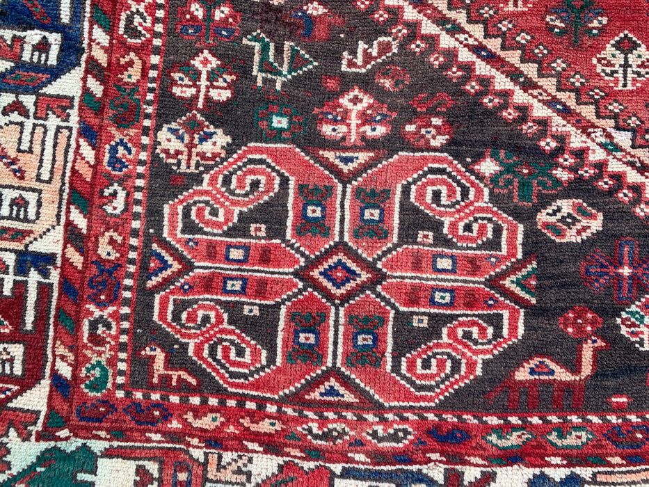 Handgemaakt Perzisch wollen vloerkleed 7x10 - Rood Perzisch tapijt met tribaal medaillon - Exacte afmeting 10'7" x 7'2" - KBHM-661