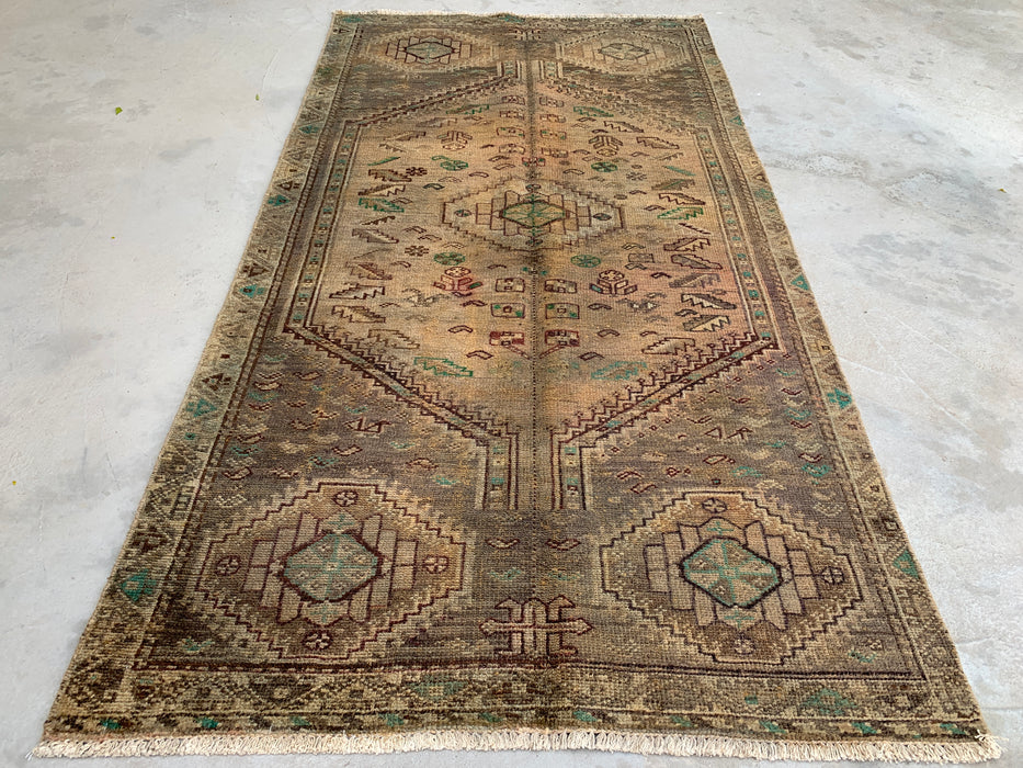 7'11 x 4'2 handgeknoopt Perzisch wollen tapijt - Bruin tribaal geometrisch vloerkleed - KBHM-667