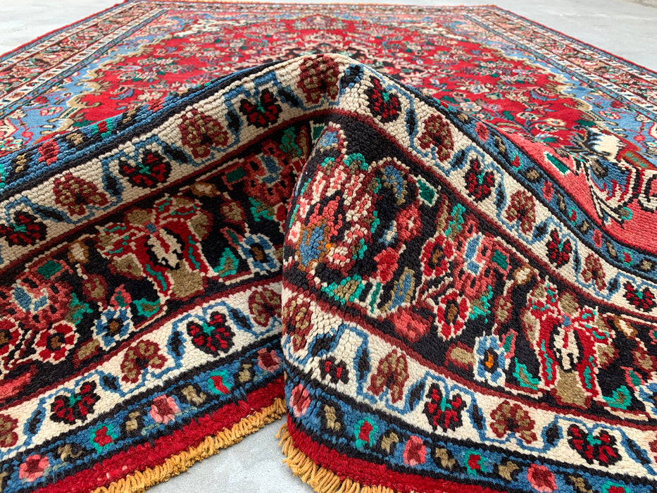 Handgemaakt Perzisch wollen vloerkleed 7x10 - Rood Perzisch tapijt met bloemenmedaillon - Exacte afmeting 10'1" x 6'9" - KBHM-669