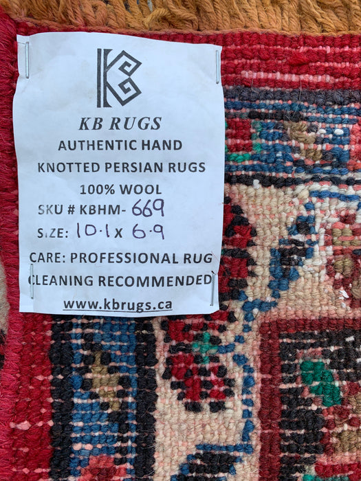 Handgemaakt Perzisch wollen vloerkleed 7x10 - Rood Perzisch tapijt met bloemenmedaillon - Exacte afmeting 10'1" x 6'9" - KBHM-669