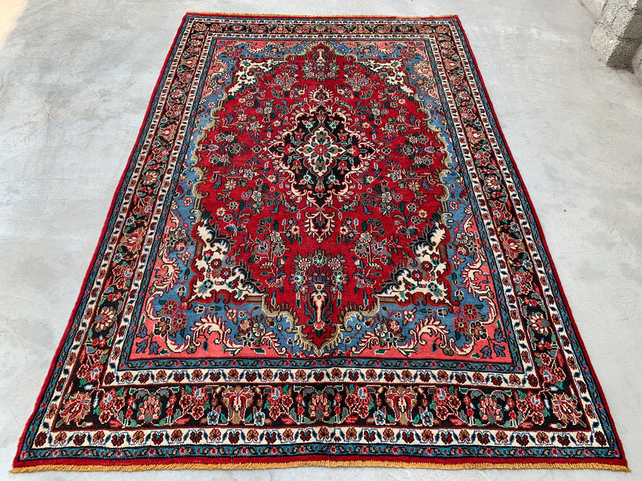 Handgemaakt Perzisch wollen vloerkleed 7x10 - Rood Perzisch tapijt met bloemenmedaillon - Exacte afmeting 10'1" x 6'9" - KBHM-669