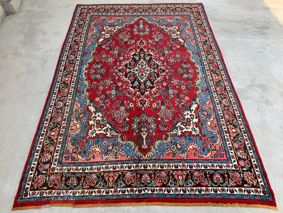 Handgemaakt Perzisch wollen vloerkleed 7x10 - Rood Perzisch tapijt met bloemenmedaillon - Exacte afmeting 10'1" x 6'9" - KBHM-669