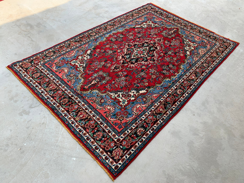 Handgemaakt Perzisch wollen vloerkleed 7x10 - Rood Perzisch tapijt met bloemenmedaillon - Exacte afmeting 10'1" x 6'9" - KBHM-669