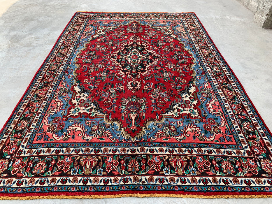 Handgemaakt Perzisch wollen vloerkleed 7x10 - Rood Perzisch tapijt met bloemenmedaillon - Exacte afmeting 10'1" x 6'9" - KBHM-669