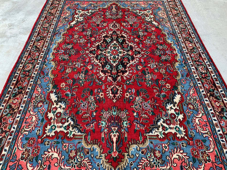 Handgemaakt Perzisch wollen vloerkleed 7x10 - Rood Perzisch tapijt met bloemenmedaillon - Exacte afmeting 10'1" x 6'9" - KBHM-669