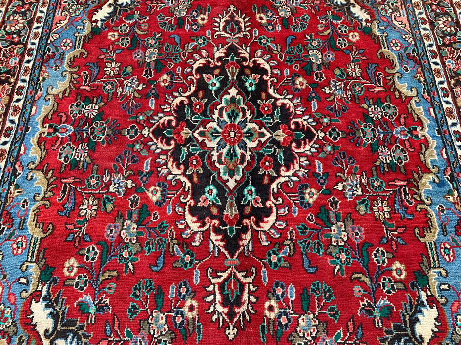 Handgemaakt Perzisch wollen vloerkleed 7x10 - Rood Perzisch tapijt met bloemenmedaillon - Exacte afmeting 10'1" x 6'9" - KBHM-669