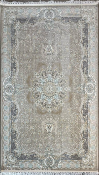 Luxe machinaal geweven Perzisch tapijt – Zilvergrijs / Zachtblauw medaillon – 215 x 305 cm