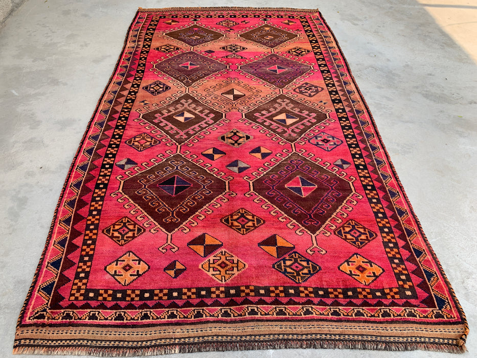 Handgemaakt Perzisch wollen vloerkleed 7x10 - Roze tribaal geometrisch Perzisch stijl kleed - Exacte afmeting 9'4" x 5'7" - KBHM-671
