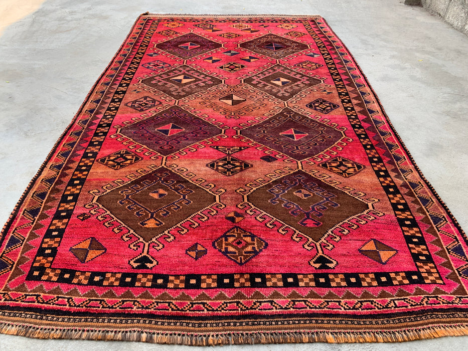 Handgemaakt Perzisch wollen vloerkleed 7x10 - Roze tribaal geometrisch Perzisch stijl kleed - Exacte afmeting 9'4" x 5'7" - KBHM-671