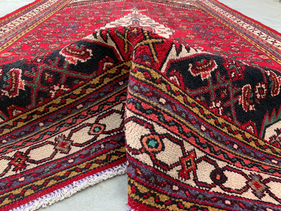 Handgemaakt Perzisch wollen vloerkleed 7x10 - Rood Perzisch tapijt in stammenstijl met medaillon - Exacte afmeting 10'2" x 6'8" - KBHM-672