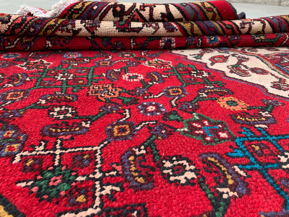 Handgemaakt Perzisch wollen vloerkleed 7x10 - Rood Perzisch tapijt in stammenstijl met medaillon - Exacte afmeting 10'2" x 6'8" - KBHM-672