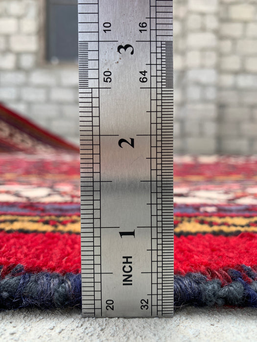 Handgemaakt Perzisch wollen vloerkleed 7x10 - Rood Perzisch tapijt in stammenstijl met medaillon - Exacte afmeting 10'2" x 6'8" - KBHM-672