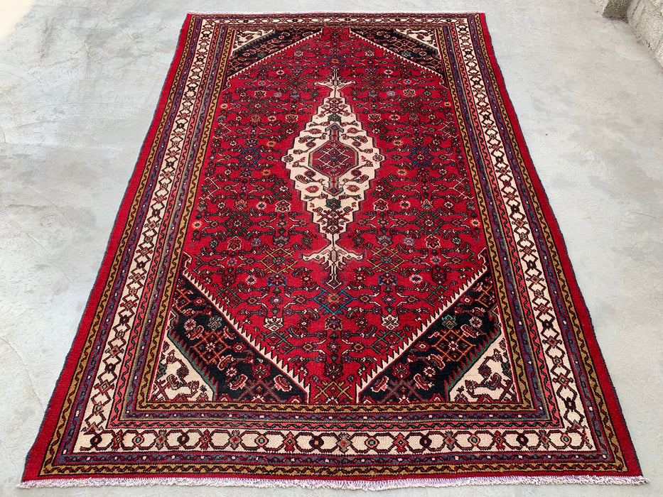 Handgemaakt Perzisch wollen vloerkleed 7x10 - Rood Perzisch tapijt in stammenstijl met medaillon - Exacte afmeting 10'2" x 6'8" - KBHM-672