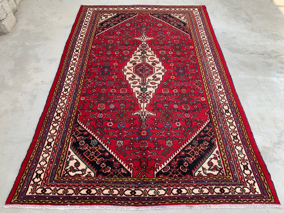 Handgemaakt Perzisch wollen vloerkleed 7x10 - Rood Perzisch tapijt in stammenstijl met medaillon - Exacte afmeting 10'2" x 6'8" - KBHM-672
