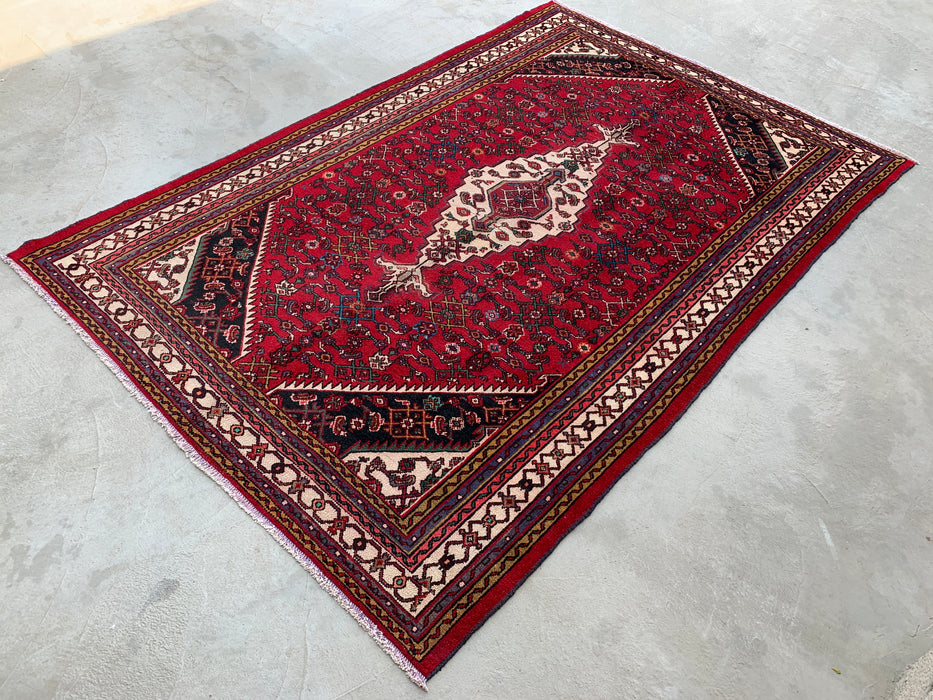 Handgemaakt Perzisch wollen vloerkleed 7x10 - Rood Perzisch tapijt in stammenstijl met medaillon - Exacte afmeting 10'2" x 6'8" - KBHM-672