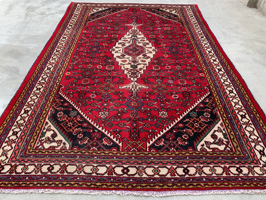 Handgemaakt Perzisch wollen vloerkleed 7x10 - Rood Perzisch tapijt in stammenstijl met medaillon - Exacte afmeting 10'2" x 6'8" - KBHM-672