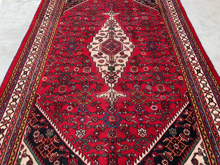 Handgemaakt Perzisch wollen vloerkleed 7x10 - Rood Perzisch tapijt in stammenstijl met medaillon - Exacte afmeting 10'2" x 6'8" - KBHM-672