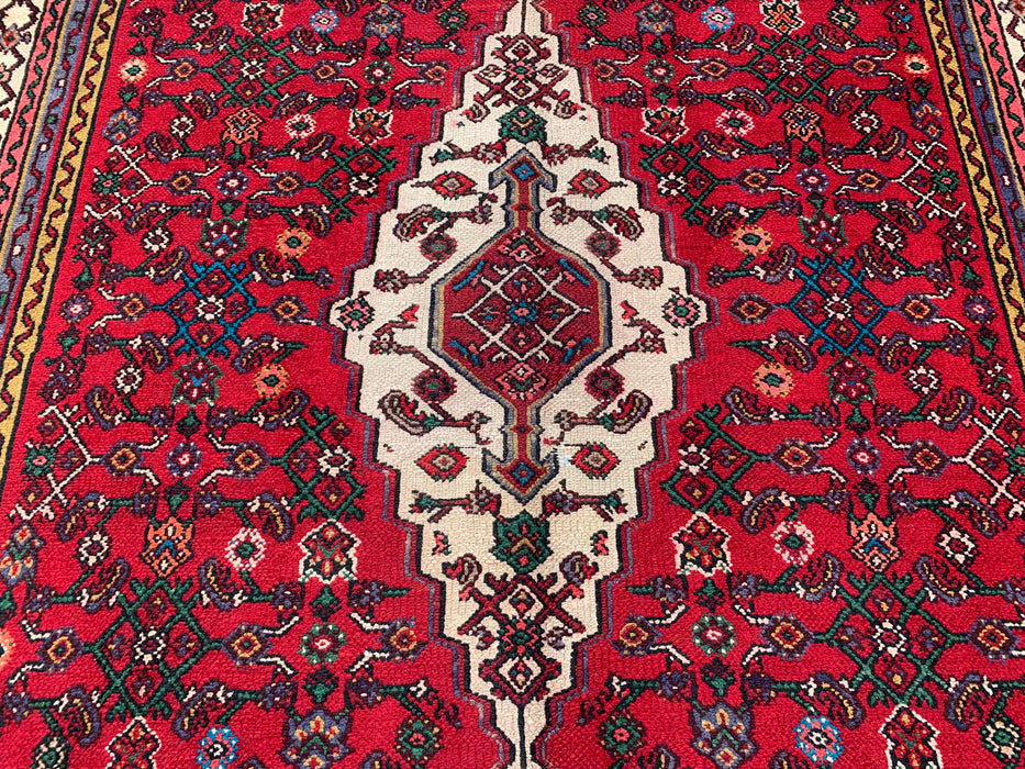 Handgemaakt Perzisch wollen vloerkleed 7x10 - Rood Perzisch tapijt in stammenstijl met medaillon - Exacte afmeting 10'2" x 6'8" - KBHM-672
