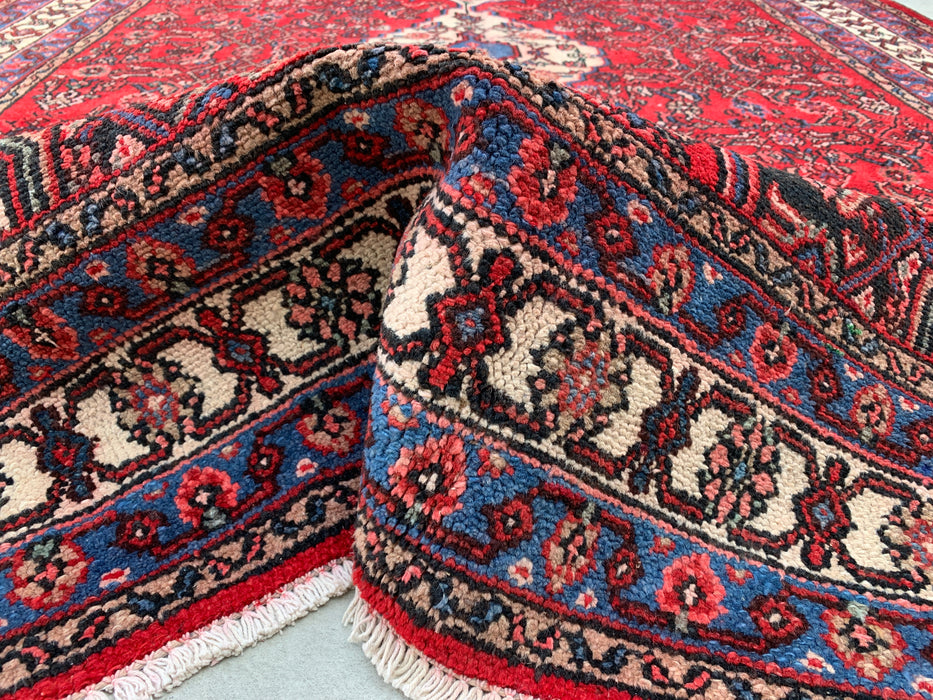 Handgemaakt Perzisch wollen vloerkleed 7x10 - Rood Perzisch tapijt in stammstijl met medaillon - Exacte afmetingen 10'1" x 7'1" - KBHM-677