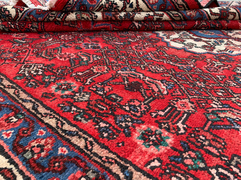 Handgemaakt Perzisch wollen vloerkleed 7x10 - Rood Perzisch tapijt in stammstijl met medaillon - Exacte afmetingen 10'1" x 7'1" - KBHM-677