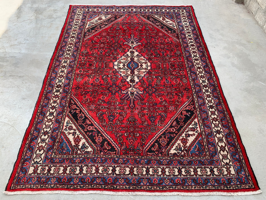 Handgemaakt Perzisch wollen vloerkleed 7x10 - Rood Perzisch tapijt in stammstijl met medaillon - Exacte afmetingen 10'1" x 7'1" - KBHM-677