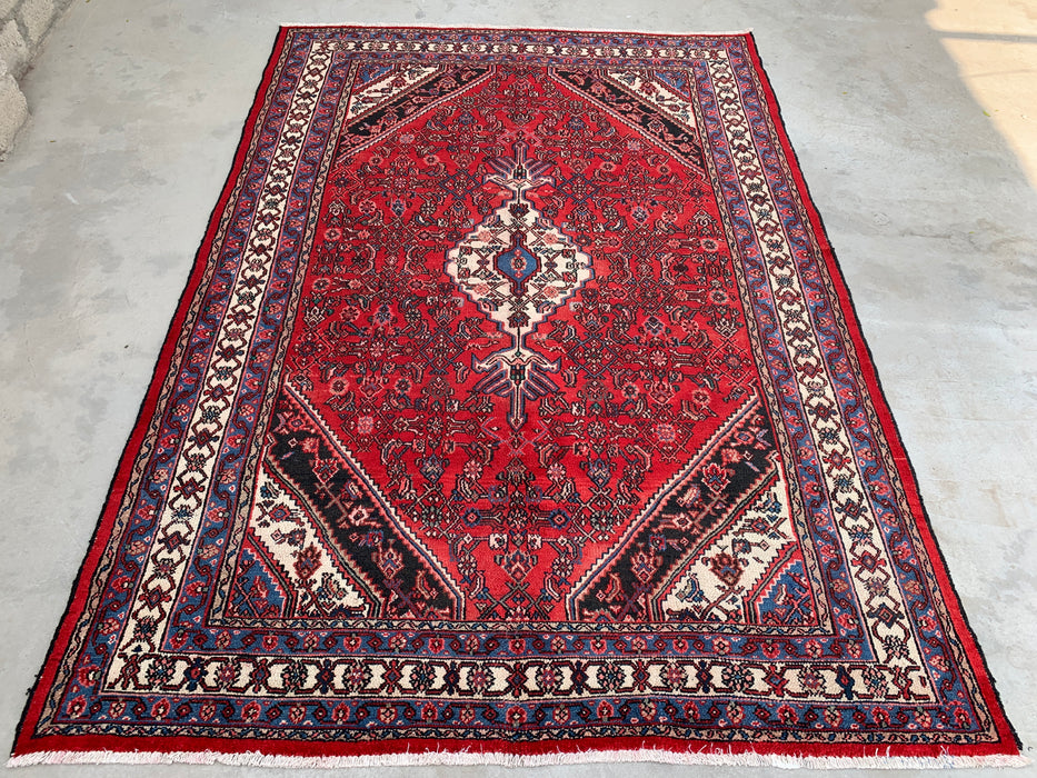 Handgemaakt Perzisch wollen vloerkleed 7x10 - Rood Perzisch tapijt in stammstijl met medaillon - Exacte afmetingen 10'1" x 7'1" - KBHM-677