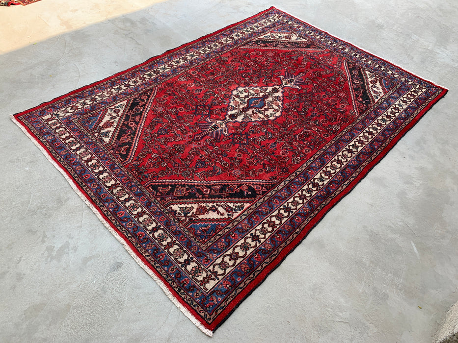 Handgemaakt Perzisch wollen vloerkleed 7x10 - Rood Perzisch tapijt in stammstijl met medaillon - Exacte afmetingen 10'1" x 7'1" - KBHM-677